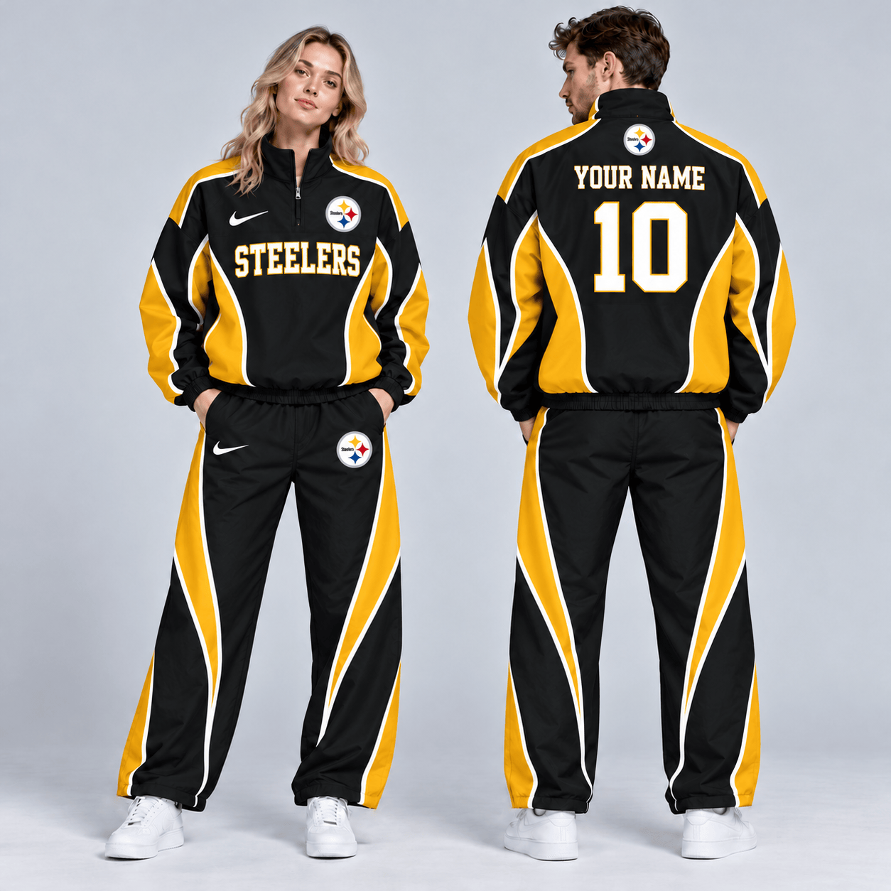 Pittsburgh Steelers | Premium NFL Custom Name Number Sporty Curve Panel Quarter Zip Pullover Jacket And Wide Leg Pants Tracksuit Set NDN cover