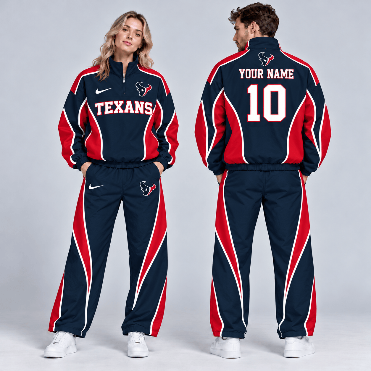 Houston Texans | Premium NFL Custom Name Number Sporty Curve Panel Quarter Zip Pullover Jacket And Wide Leg Pants Tracksuit Set NDN cover