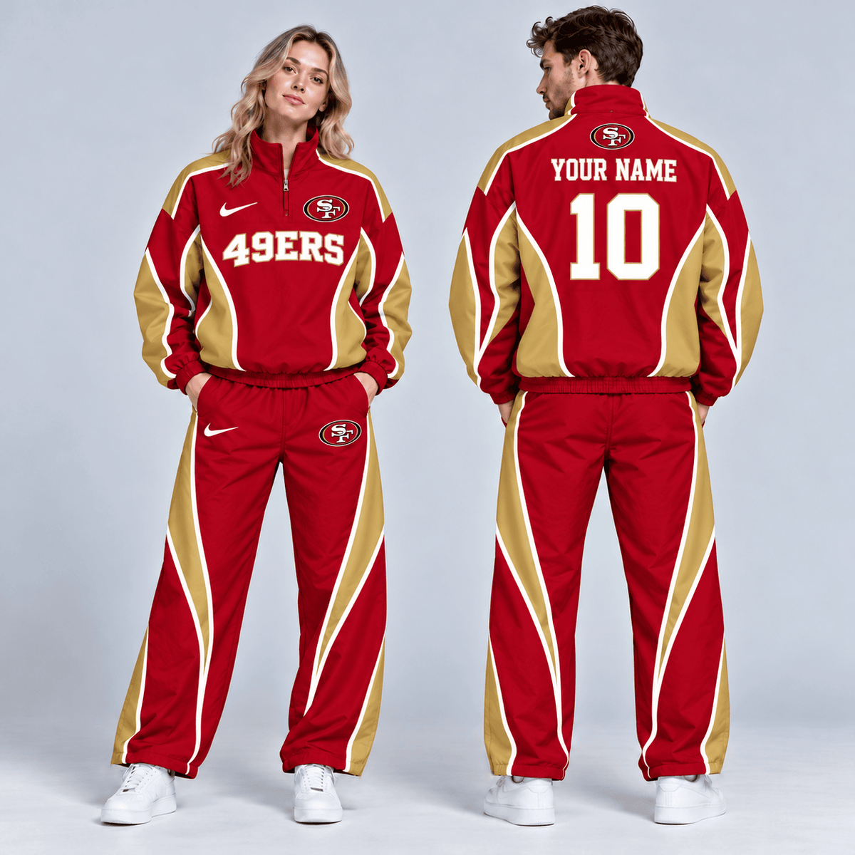 San Francisco 49ers | Premium NFL Custom Name Number Sporty Curve Panel Quarter Zip Pullover Jacket And Wide Leg Pants Tracksuit Set NDN cover