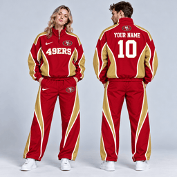 San Francisco 49ers | Premium NFL Custom Name Number Sporty Curve Panel Quarter Zip Pullover Jacket And Wide Leg Pants Tracksuit Set NDN cover