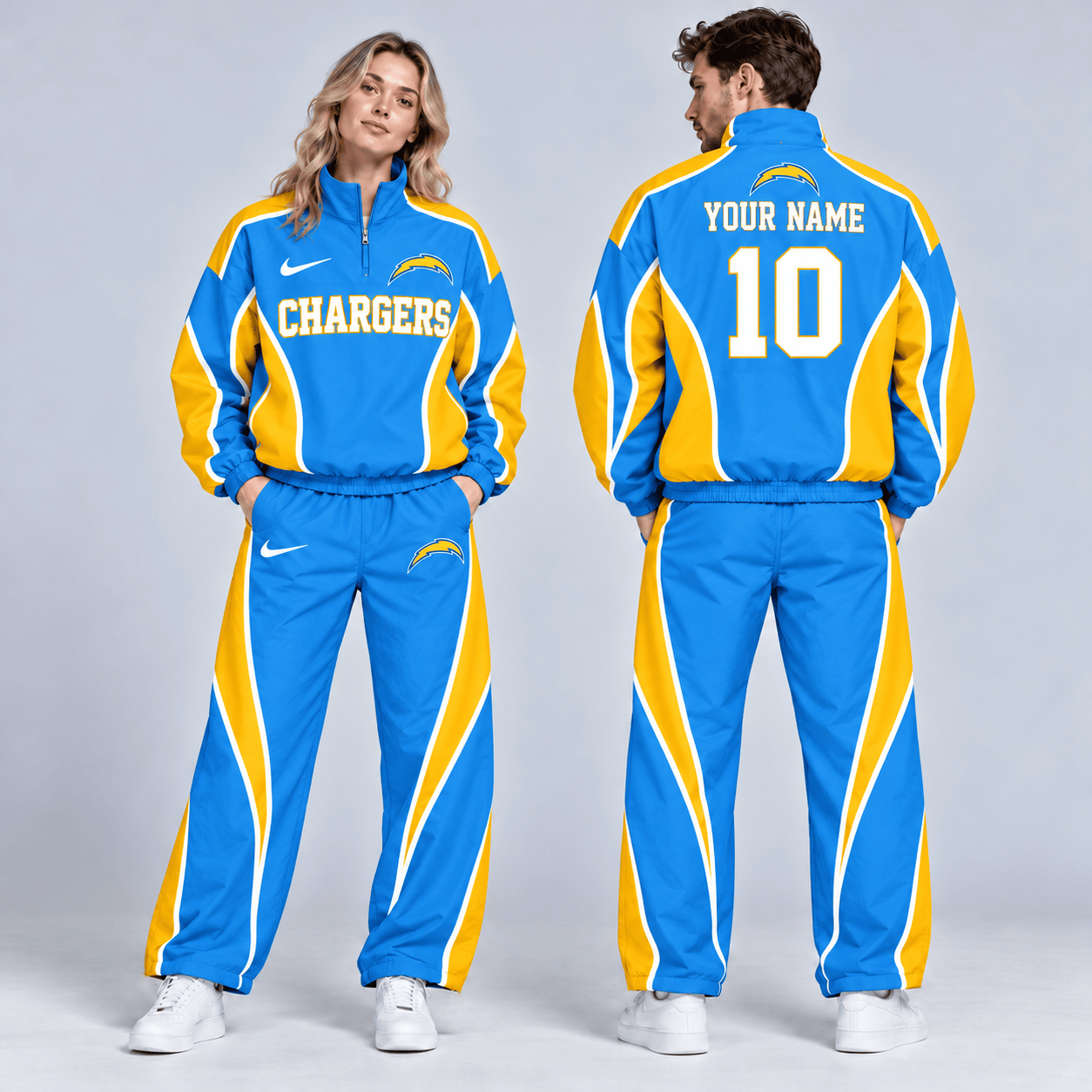 Los Angeles Chargers | Premium NFL Custom Name Number Sporty Curve Panel Quarter Zip Pullover Jacket And Wide Leg Pants Tracksuit Set NDN cover