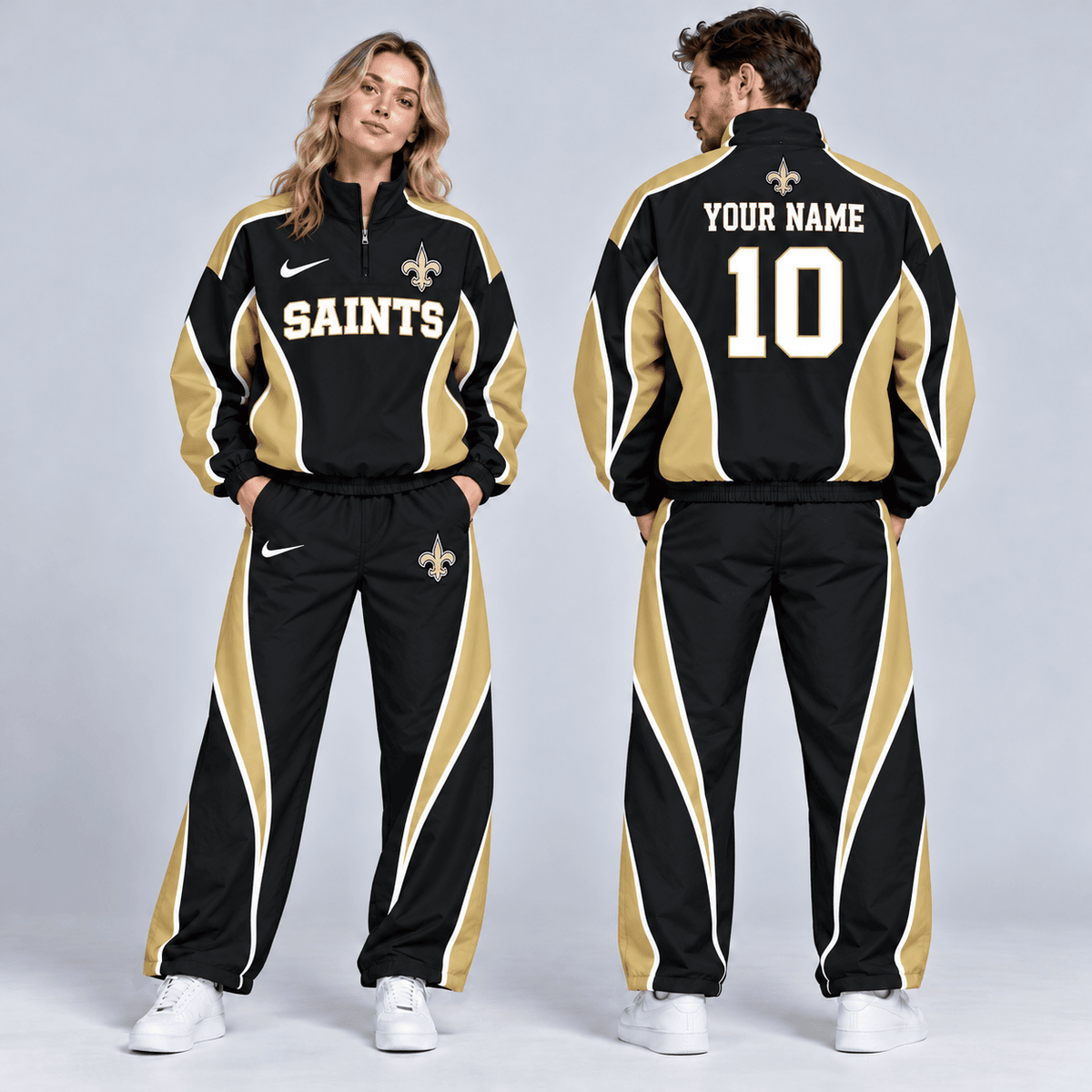 New Orleans Saints | Premium NFL Custom Name Number Sporty Curve Panel Quarter Zip Pullover Jacket And Wide Leg Pants Tracksuit Set NDN cover