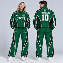 New York Jets | Premium NFL Custom Name Number Sporty Curve Panel Quarter Zip Pullover Jacket And Wide Leg Pants Tracksuit Set NDN cover