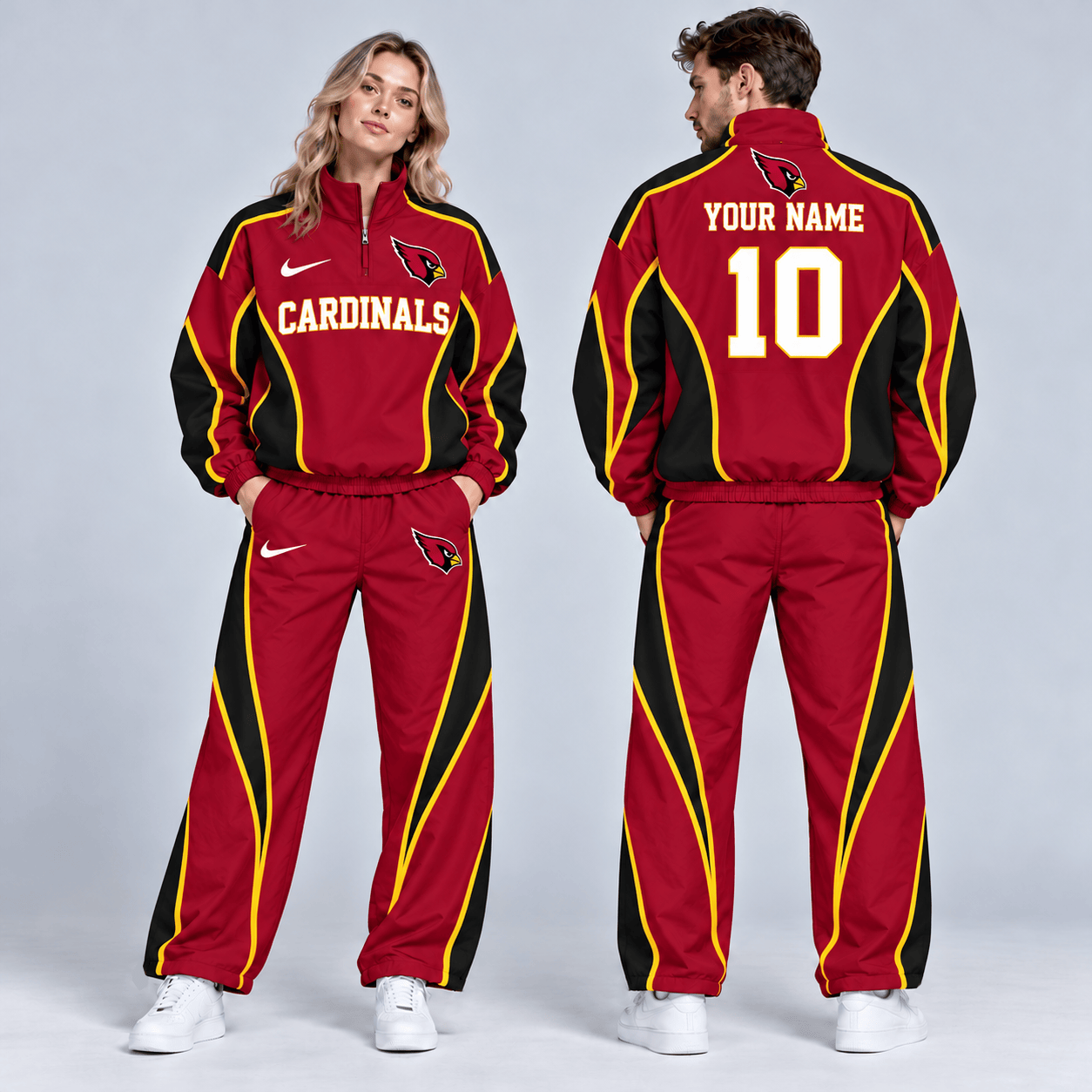 Arizona Cardinals | Premium NFL Custom Name Number Sporty Curve Panel Quarter Zip Pullover Jacket And Wide Leg Pants Tracksuit Set NDN cover