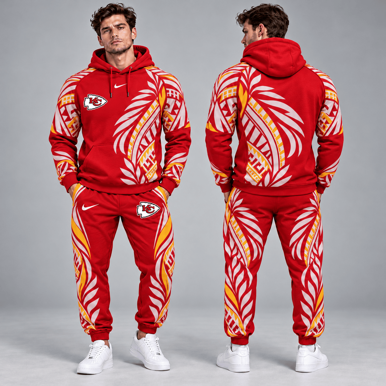 Kansas City Chiefs | Premium NFL Polynesian Tribal Feather Graphic Pullover Hoodie And Matching Jogger Pants Tracksuit Set With Team Logo NDN cover