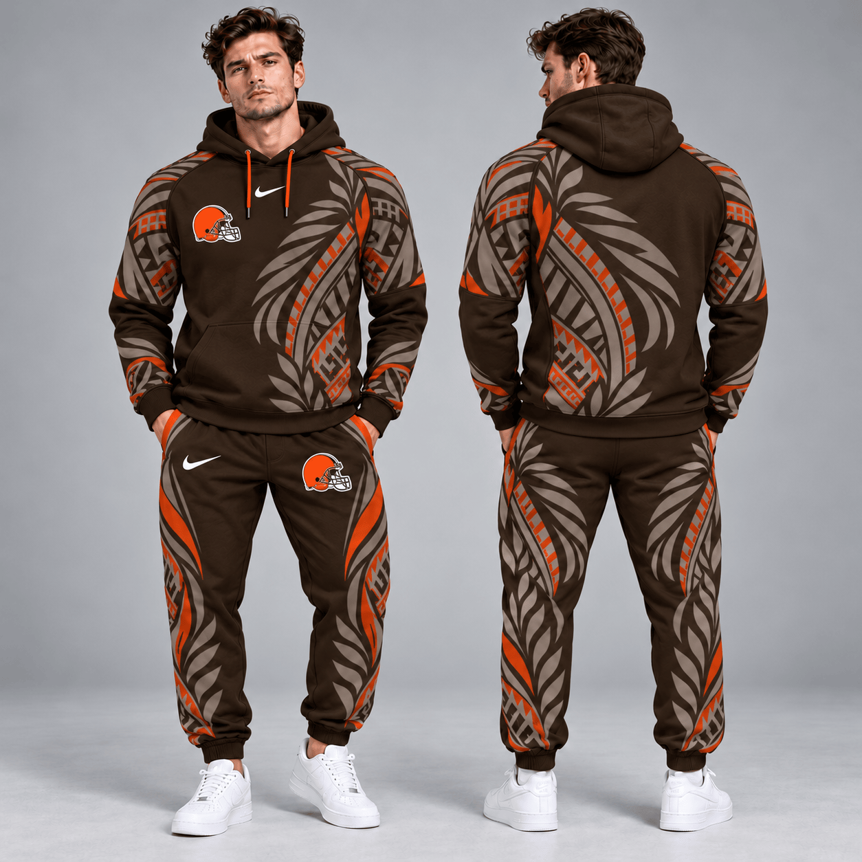 Cleveland Browns | Premium NFL Polynesian Tribal Feather Graphic Pullover Hoodie And Matching Jogger Pants Tracksuit Set With Team Logo NDN cover