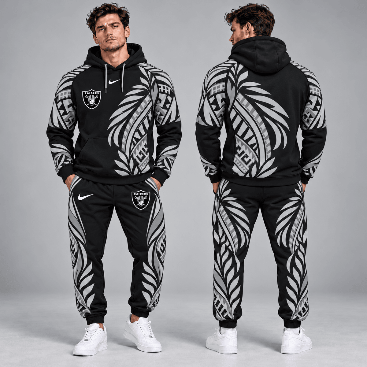 Las Vegas Raiders | Premium NFL Polynesian Tribal Feather Graphic Pullover Hoodie And Matching Jogger Pants Tracksuit Set With Team Logo NDN cover