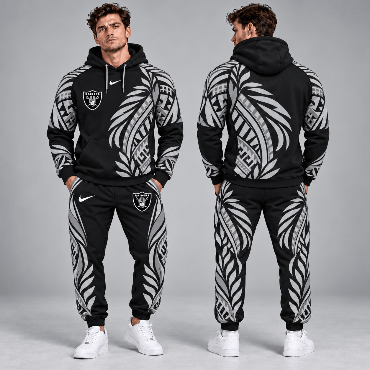 Las Vegas Raiders | Premium NFL Polynesian Tribal Feather Graphic Pullover Hoodie And Matching Jogger Pants Tracksuit Set With Team Logo NDN cover