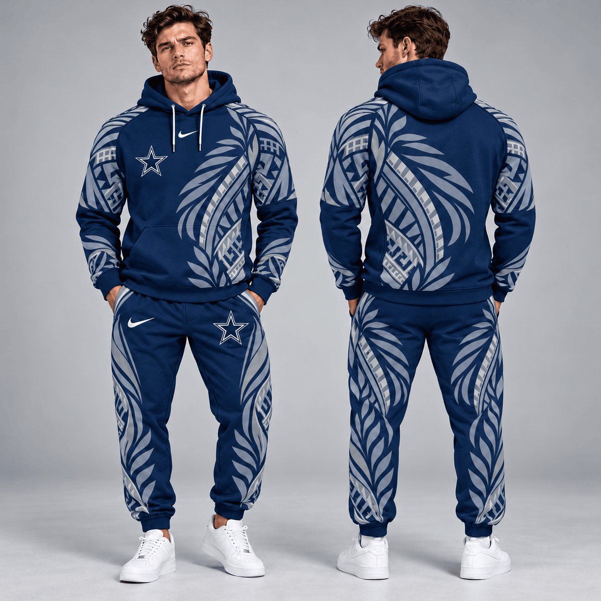 Dallas Cowboys | Premium NFL Polynesian Tribal Feather Graphic Pullover Hoodie And Matching Jogger Pants Tracksuit Set With Team Logo NDN cover