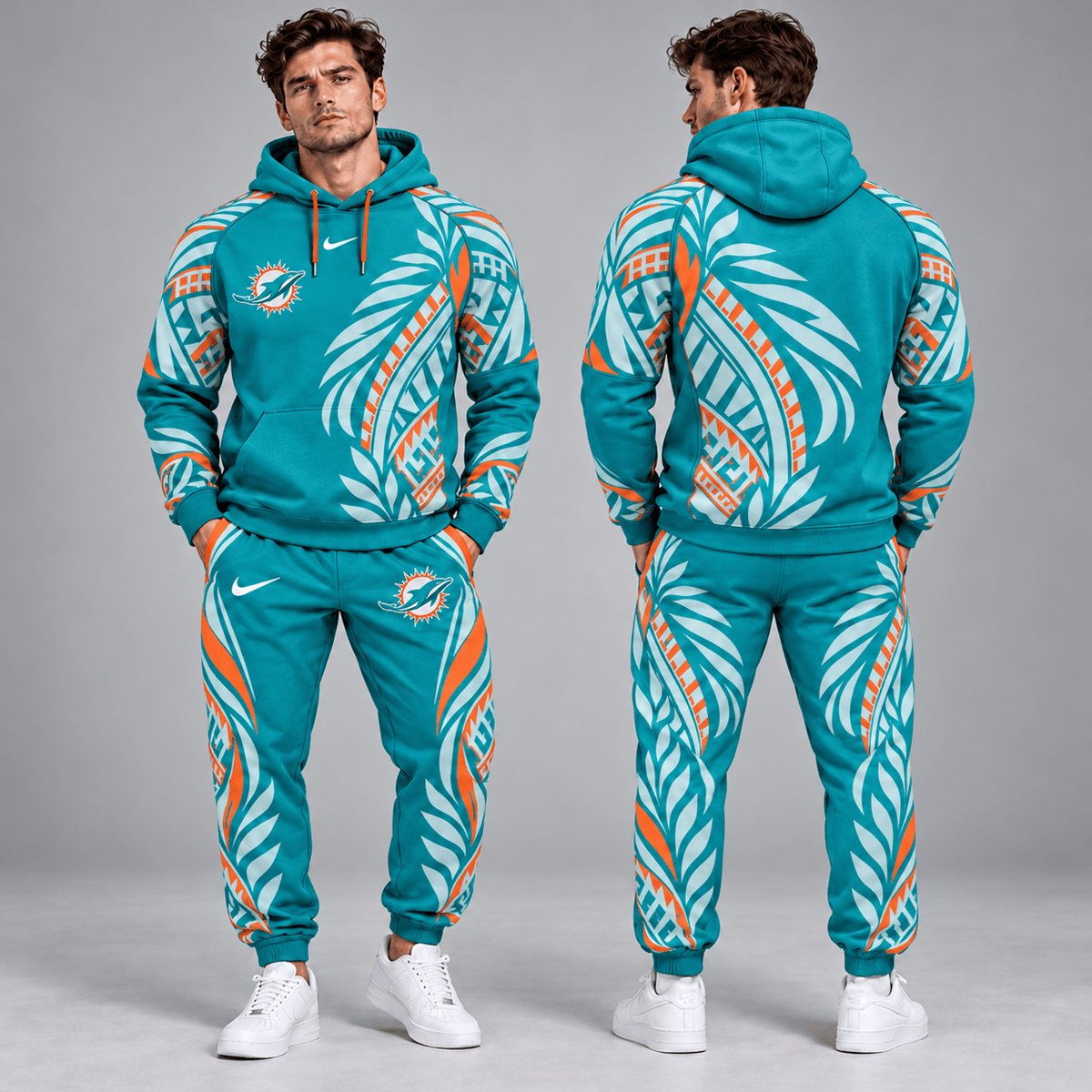 Miami Dolphins | Premium NFL Polynesian Tribal Feather Graphic Pullover Hoodie And Matching Jogger Pants Tracksuit Set With Team Logo NDN cover