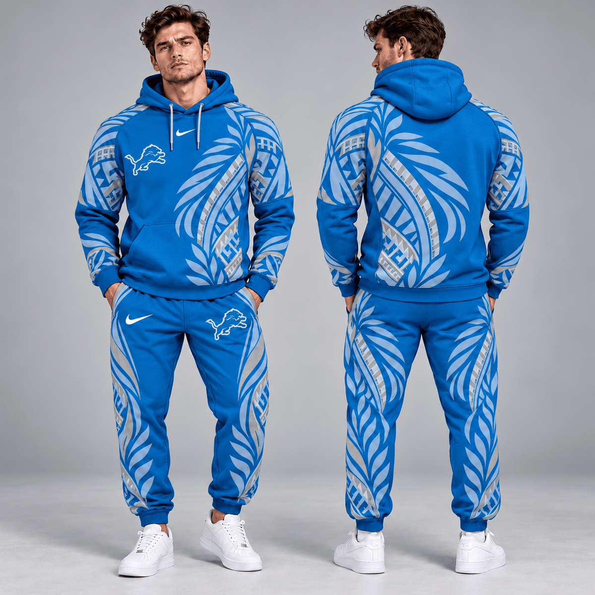 Detroit Lions | Premium NFL Polynesian Tribal Feather Graphic Pullover Hoodie And Matching Jogger Pants Tracksuit Set With Team Logo NDN cover