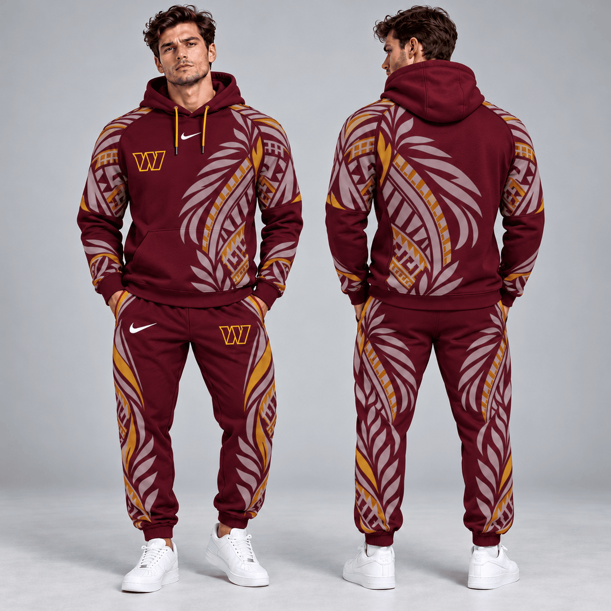 Washington Commanders | Premium NFL Polynesian Tribal Feather Graphic Pullover Hoodie And Matching Jogger Pants Tracksuit Set With Team Logo NDN cover