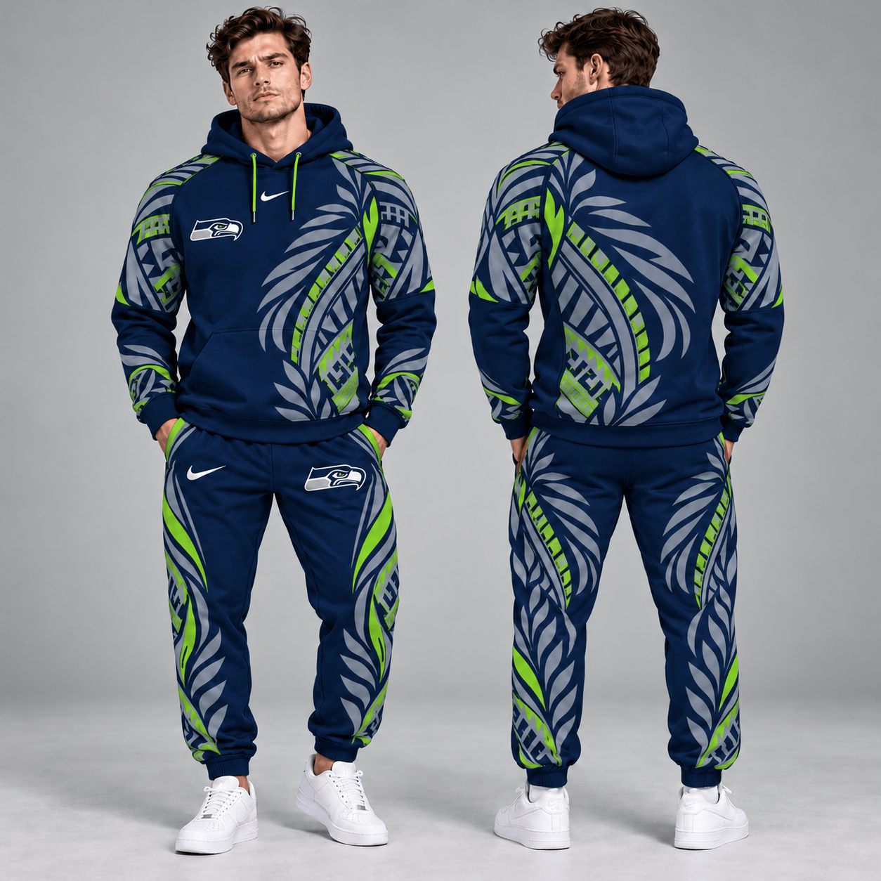 Seattle Seahawks | Premium NFL Polynesian Tribal Feather Graphic Pullover Hoodie And Matching Jogger Pants Tracksuit Set With Team Logo NDN cover