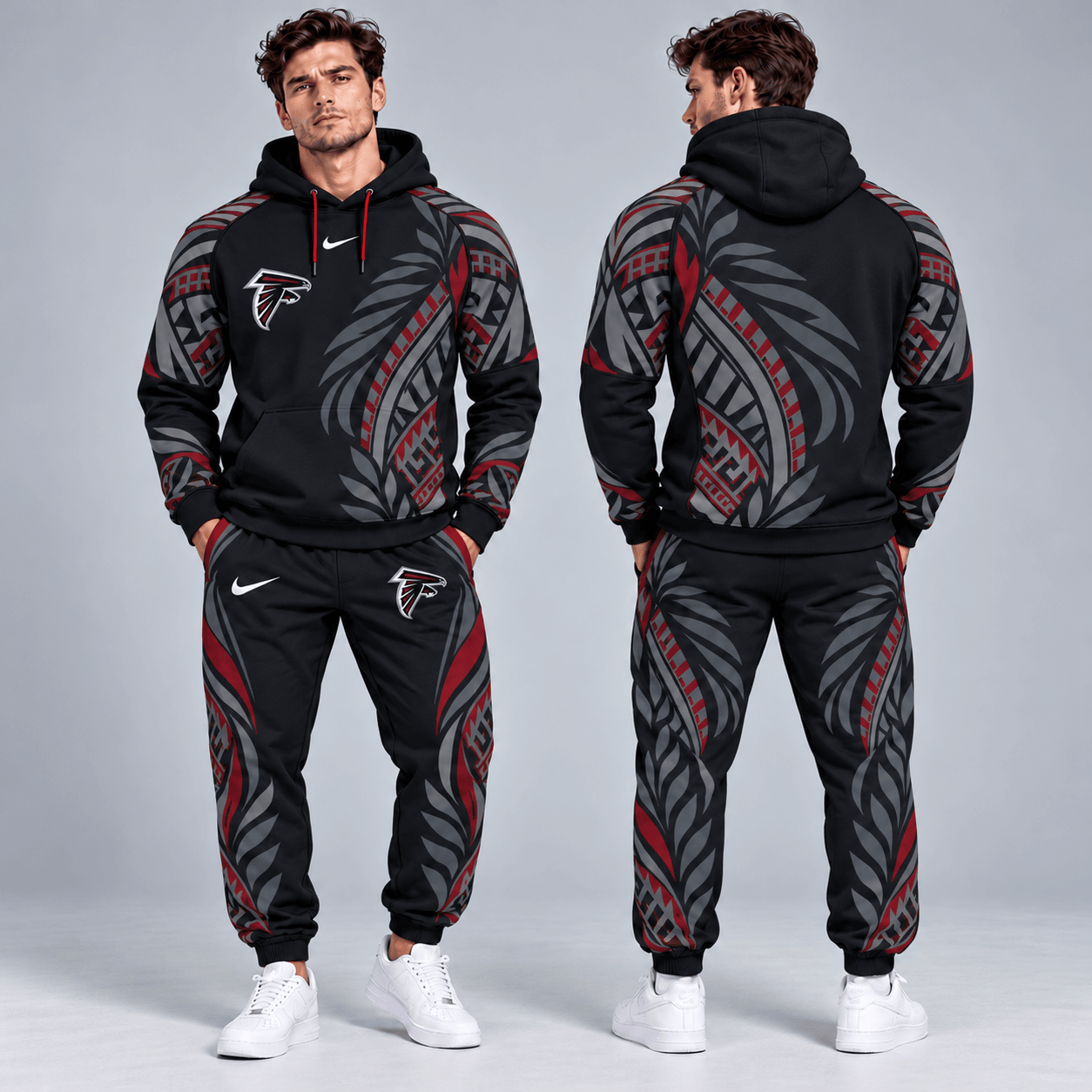 Atlanta Falcons | Premium NFL Polynesian Tribal Feather Graphic Pullover Hoodie And Matching Jogger Pants Tracksuit Set With Team Logo NDN cover
