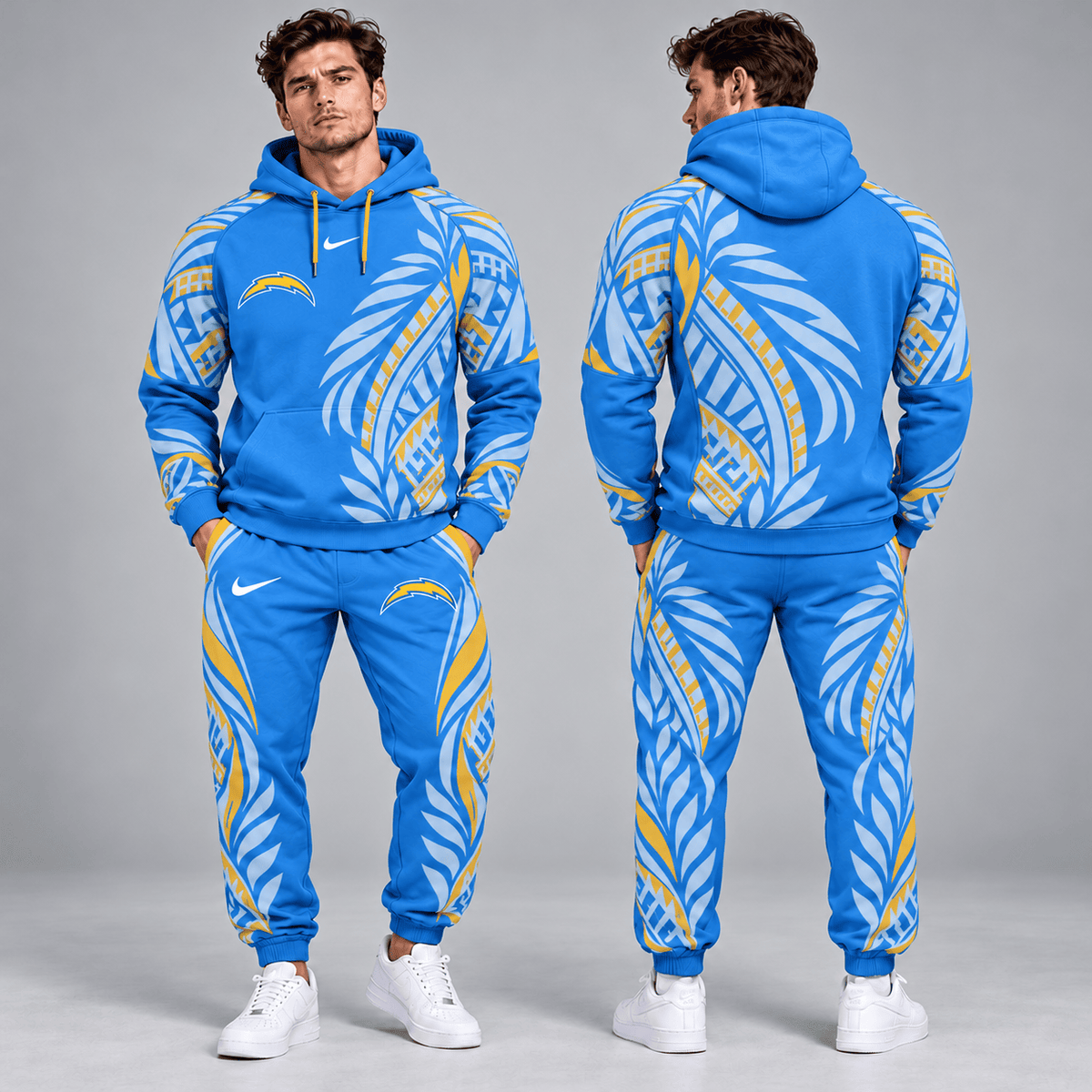 Los Angeles Chargers | Premium NFL Polynesian Tribal Feather Graphic Pullover Hoodie And Matching Jogger Pants Tracksuit Set With Team Logo NDN cover