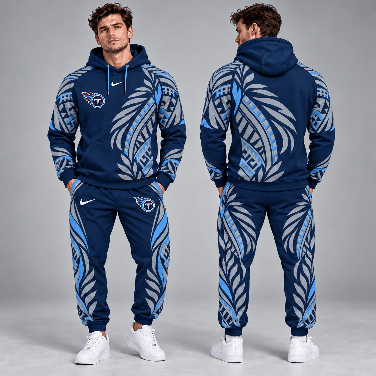 Tennessee Titans | Premium NFL Polynesian Tribal Feather Graphic Pullover Hoodie And Matching Jogger Pants Tracksuit Set With Team Logo NDN cover