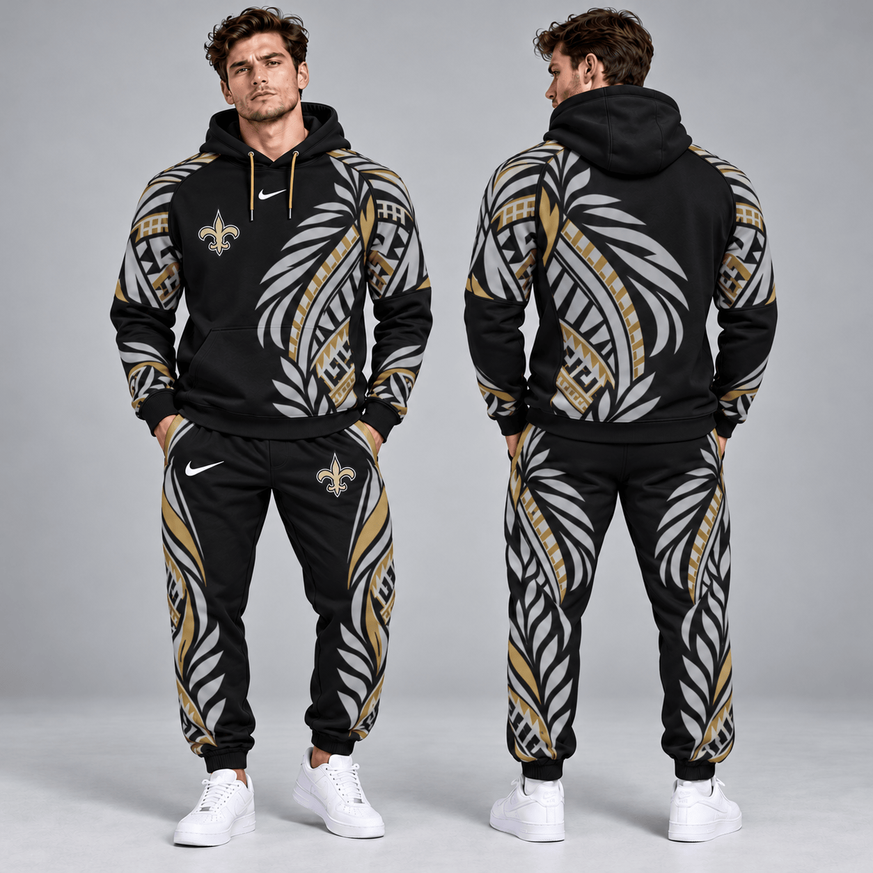 New Orleans Saints | Premium NFL Polynesian Tribal Feather Graphic Pullover Hoodie And Matching Jogger Pants Tracksuit Set With Team Logo NDN cover