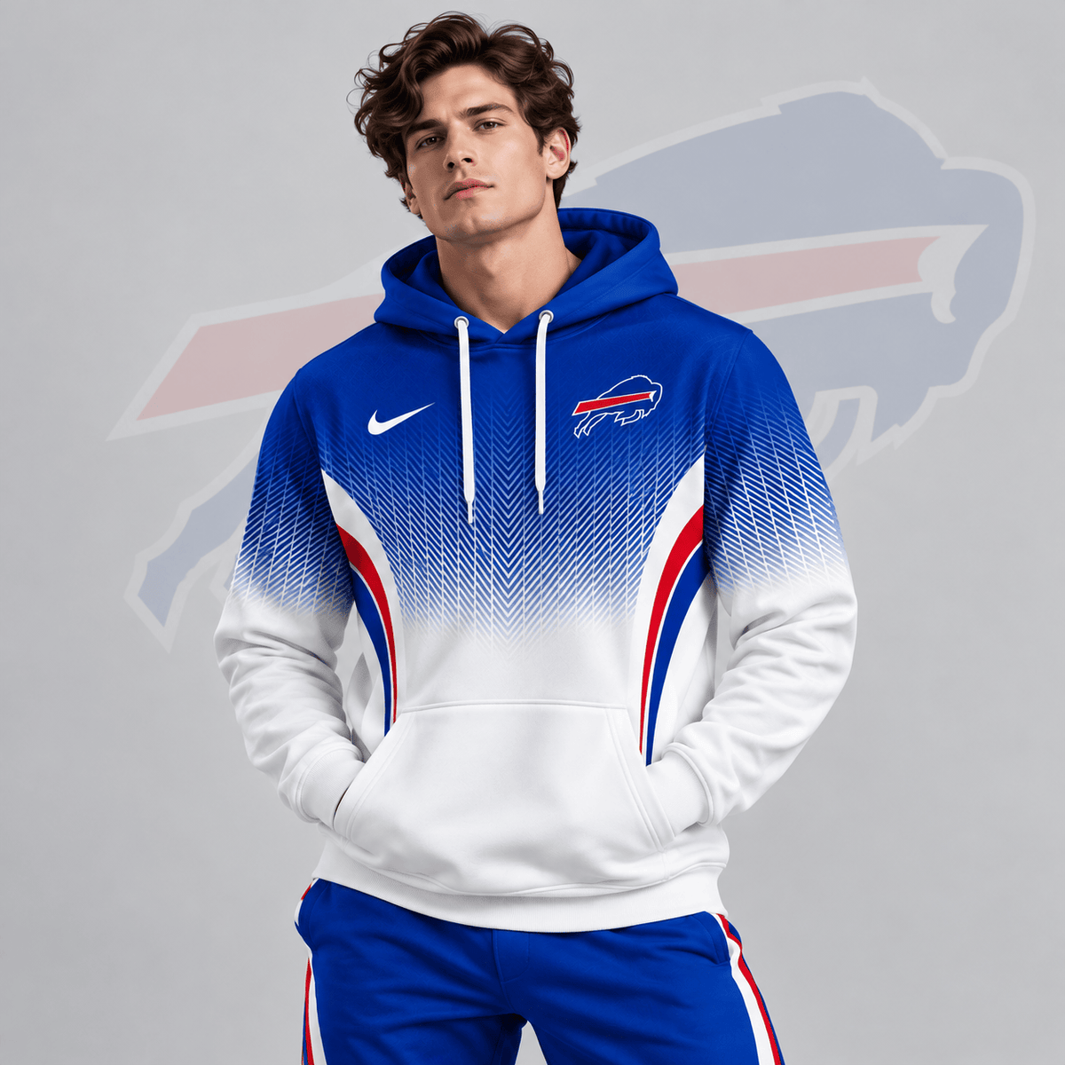 Buffalo Bills | Premium NFL Gradient Chevron Fade Pullover Hoodie With Team Logo And Contrast Colorblock Athletic Design NDN cover