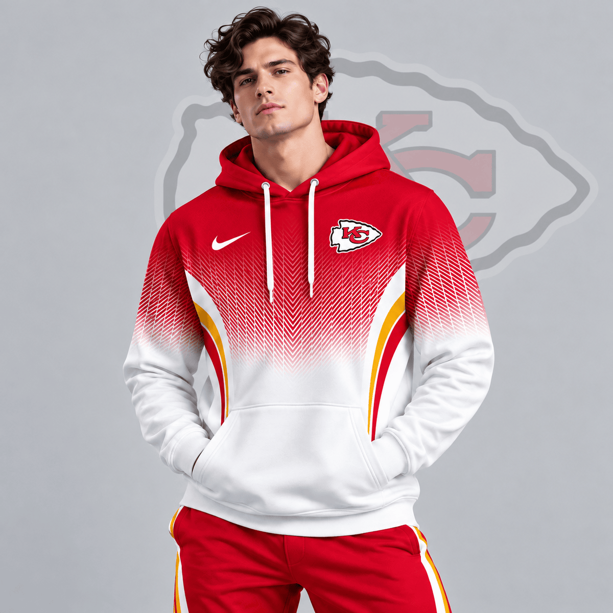 Kansas City Chiefs | Premium NFL Gradient Chevron Fade Pullover Hoodie With Team Logo And Contrast Colorblock Athletic Design NDN cover