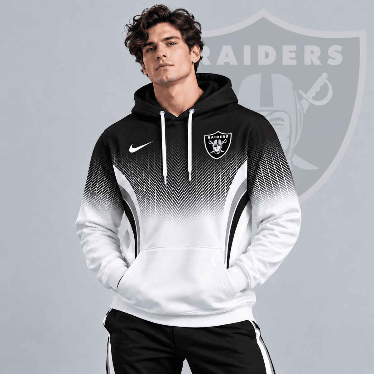 Las Vegas Raiders | Premium NFL Gradient Chevron Fade Pullover Hoodie With Team Logo And Contrast Colorblock Athletic Design NDN cover