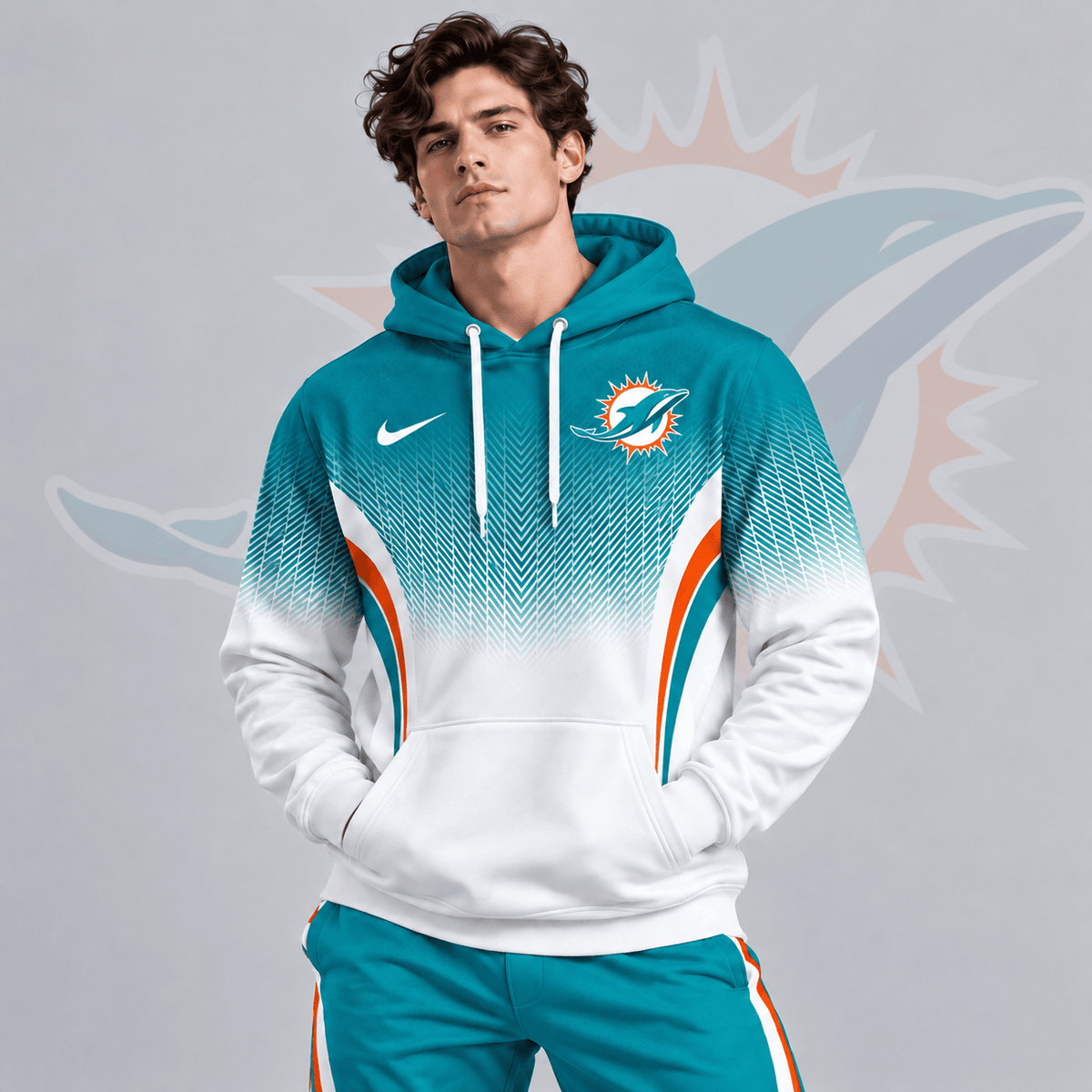 Miami Dolphins | Premium NFL Gradient Chevron Fade Pullover Hoodie With Team Logo And Contrast Colorblock Athletic Design NDN cover