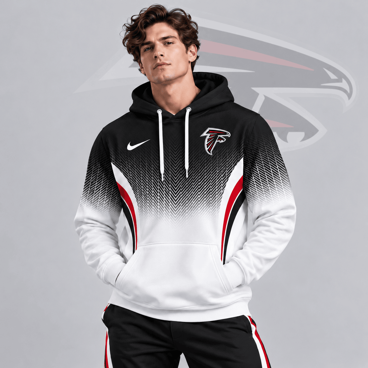 Atlanta Falcons | Premium NFL Gradient Chevron Fade Pullover Hoodie With Team Logo And Contrast Colorblock Athletic Design NDN cover