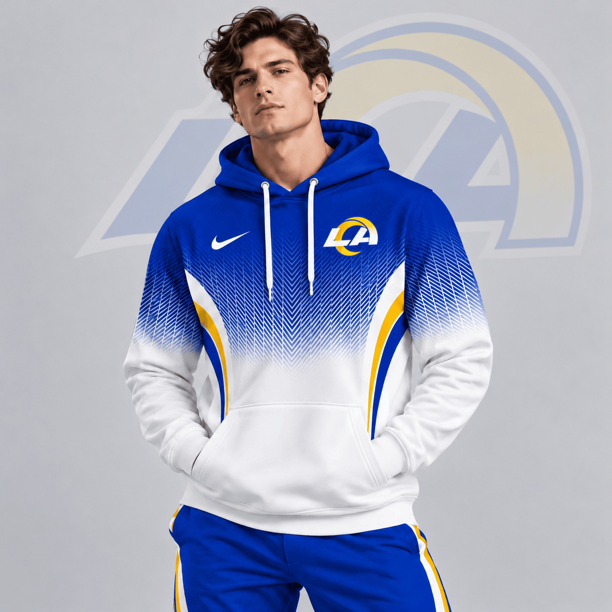 Los Angeles Rams | Premium NFL Gradient Chevron Fade Pullover Hoodie With Team Logo And Contrast Colorblock Athletic Design NDN cover