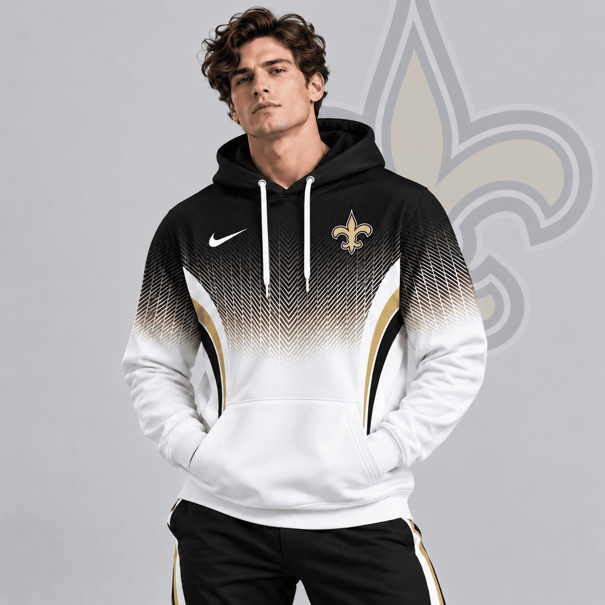 New Orleans Saints | Premium NFL Gradient Chevron Fade Pullover Hoodie With Team Logo And Contrast Colorblock Athletic Design NDN cover