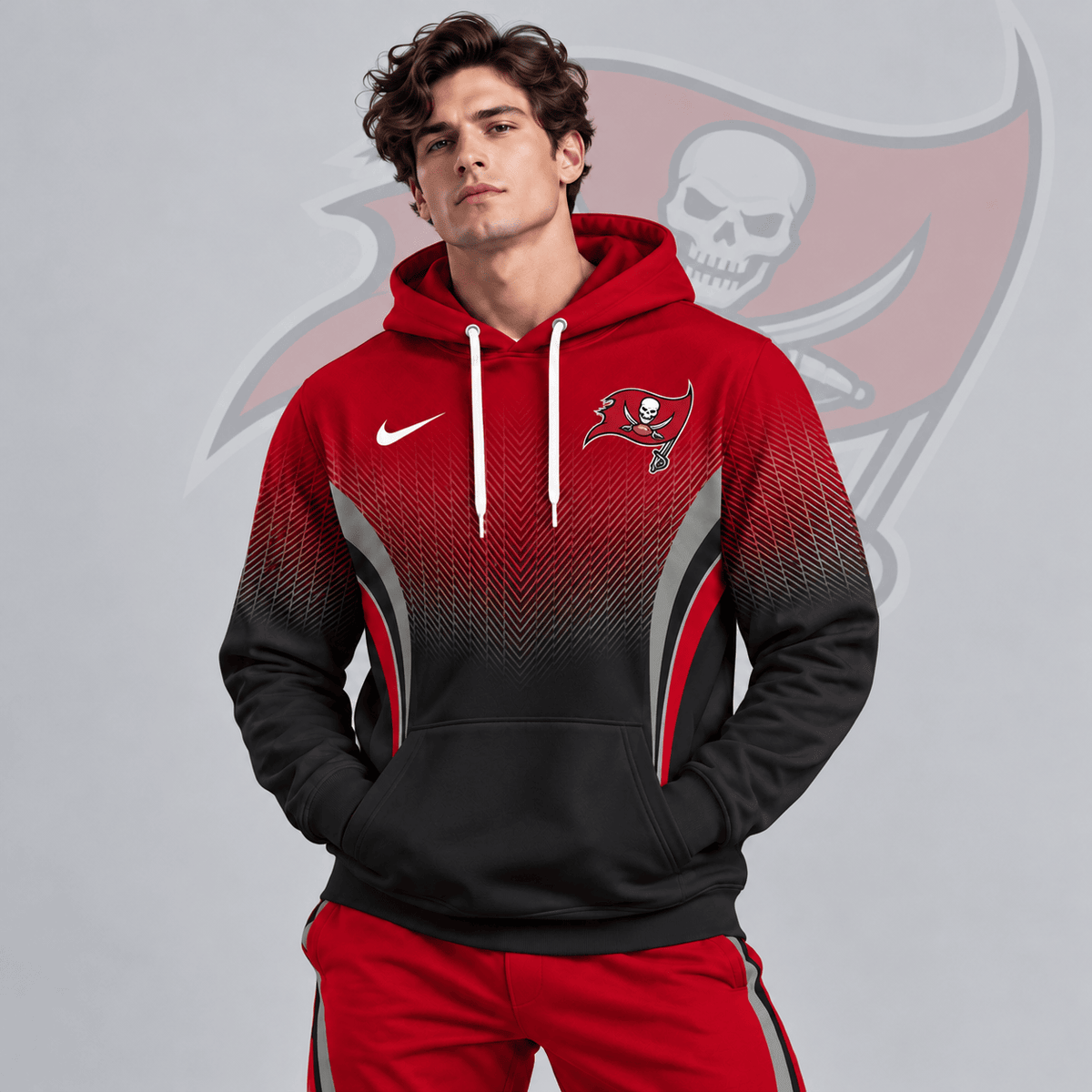 Tampa Bay Buccaneers | Premium NFL Gradient Chevron Fade Pullover Hoodie With Team Logo And Contrast Colorblock Athletic Design NDN cover