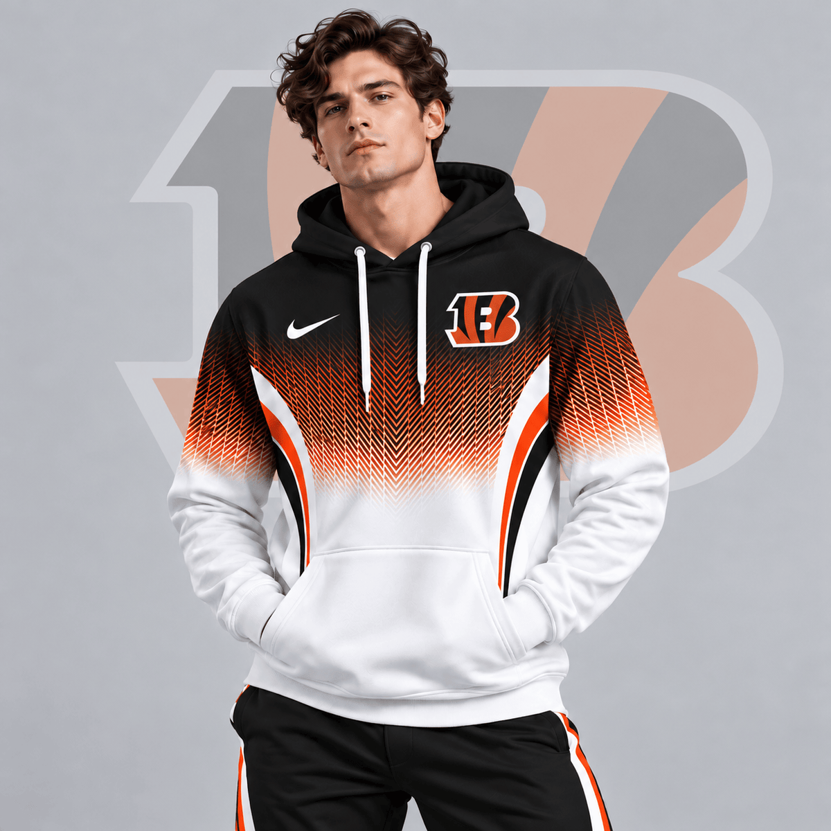 Cincinnati Bengals | Premium NFL Gradient Chevron Fade Pullover Hoodie With Team Logo And Contrast Colorblock Athletic Design NDN cover