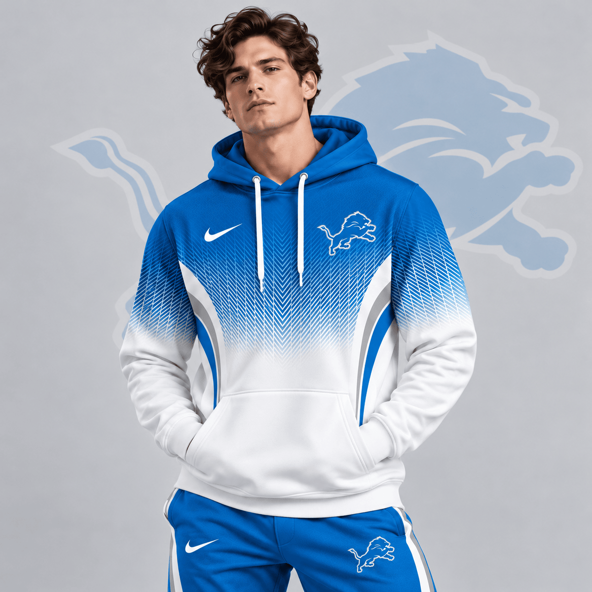 Detroit Lions | Premium NFL Gradient Chevron Fade Pullover Hoodie With Team Logo And Contrast Colorblock Athletic Design NDN cover