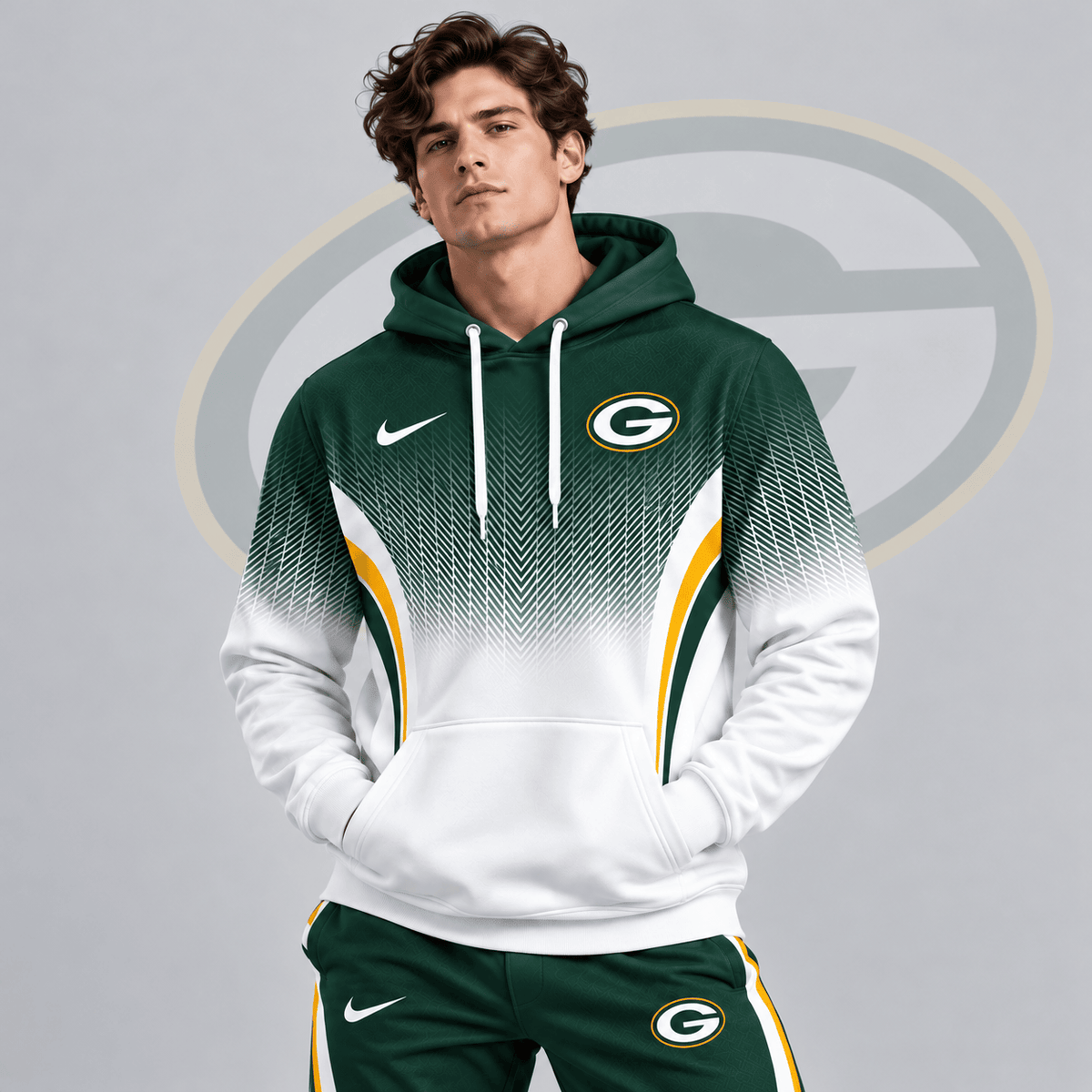 Green Bay Packers | Premium NFL Gradient Chevron Fade Pullover Hoodie With Team Logo And Contrast Colorblock Athletic Design NDN cover