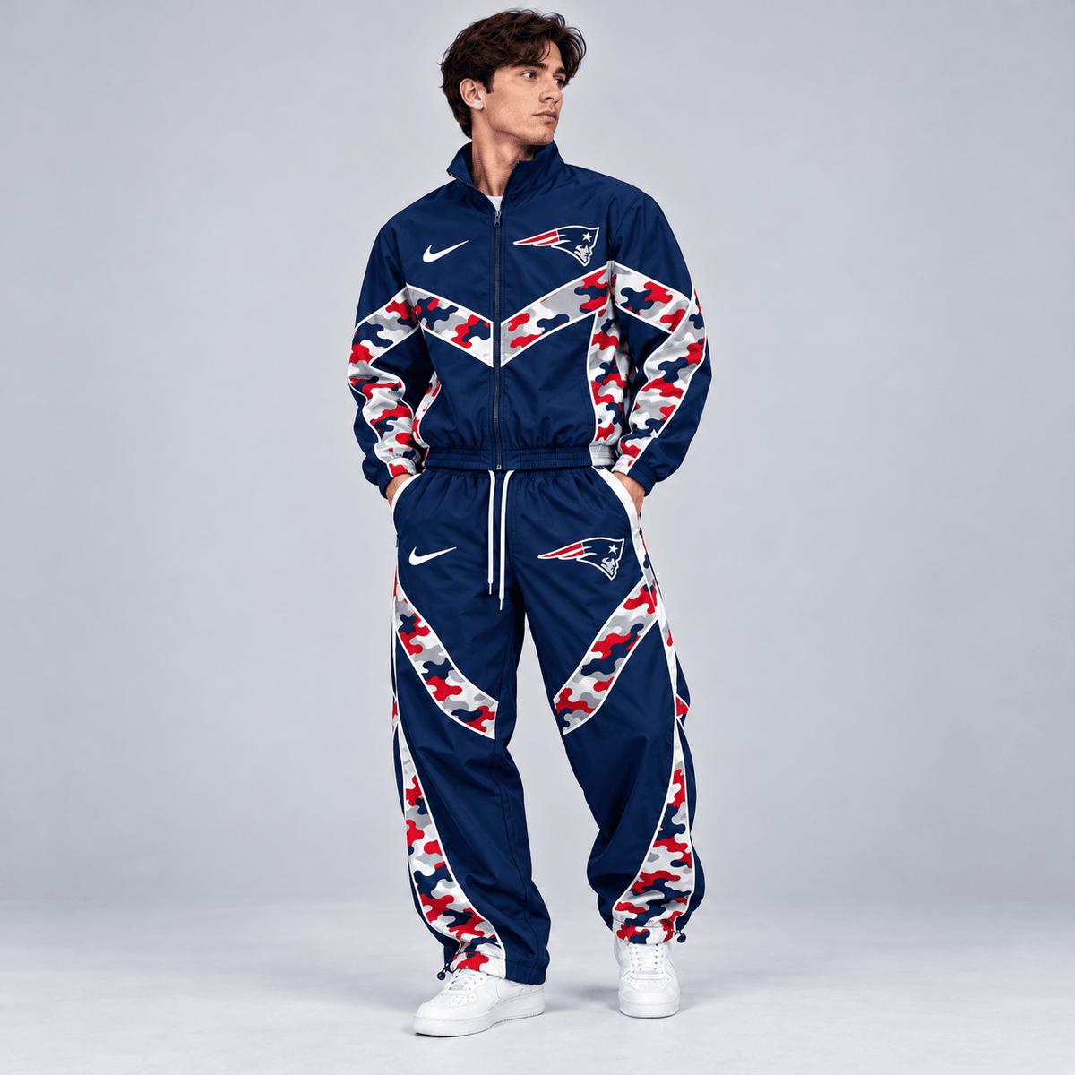 New England Patriots | Premium NFL Team Camo Colorblock Full Zip Tracksuit Jacket & Jogger Pants Set NDN cover
