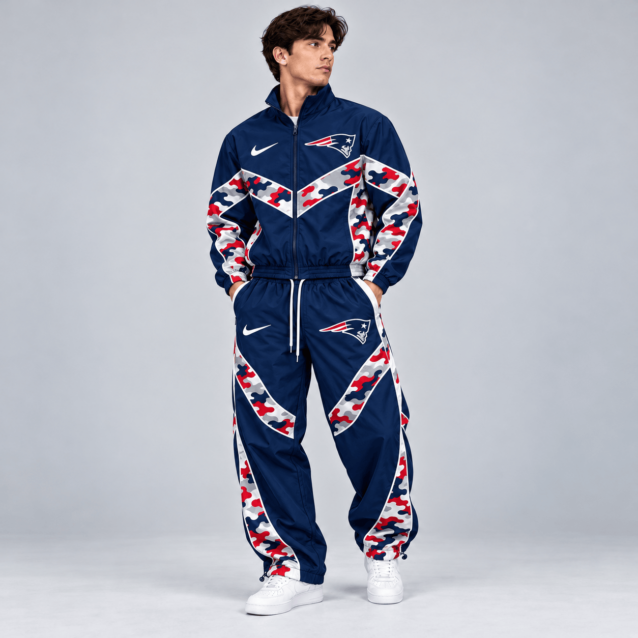 New England Patriots | Premium NFL Team Camo Colorblock Full Zip Tracksuit Jacket & Jogger Pants Set NDN cover