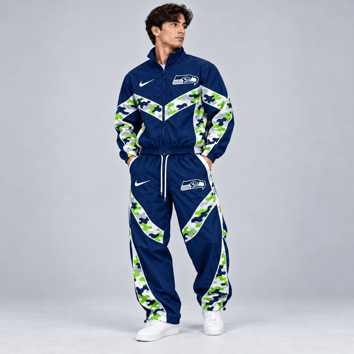 Seattle Seahawks | Premium NFL Team Camo Colorblock Full Zip Tracksuit Jacket & Jogger Pants Set NDN cover