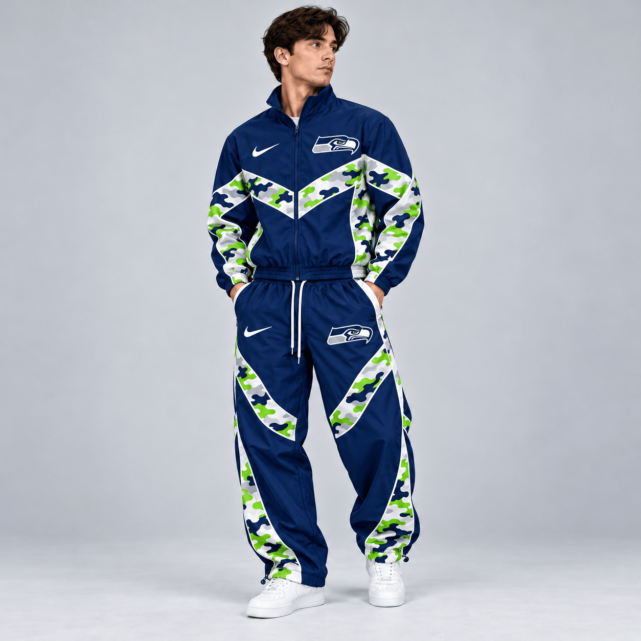 Seattle Seahawks | Premium NFL Team Camo Colorblock Full Zip Tracksuit Jacket & Jogger Pants Set NDN cover