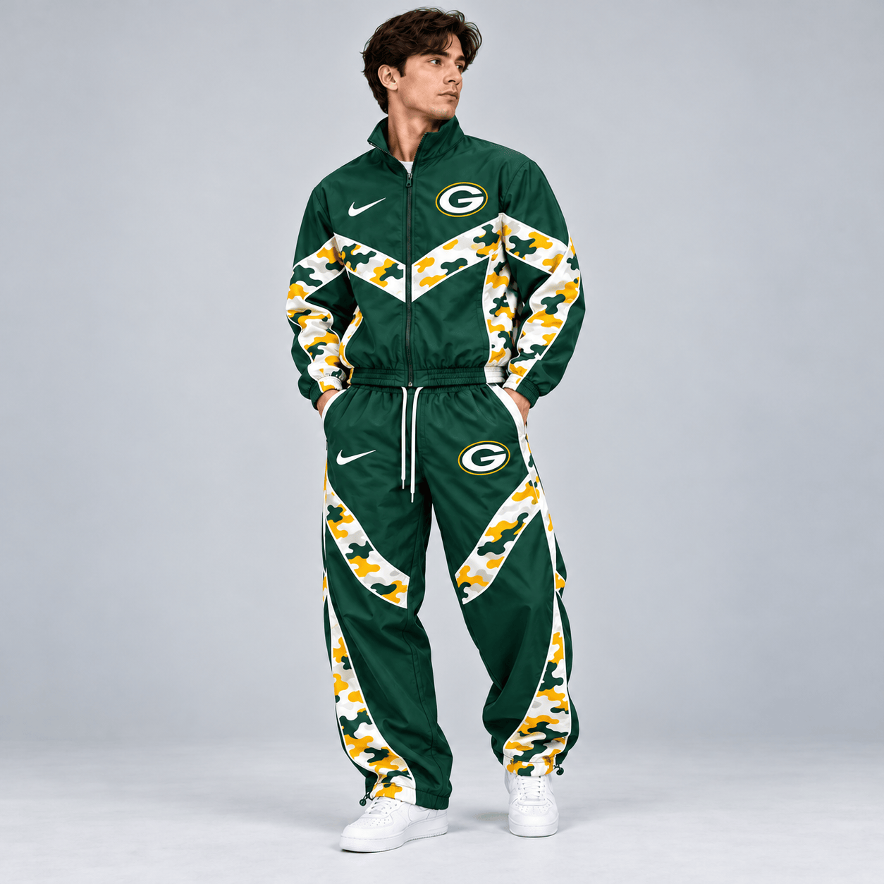 Green Bay Packers | Premium NFL Team Camo Colorblock Full Zip Tracksuit Jacket & Jogger Pants Set NDN cover
