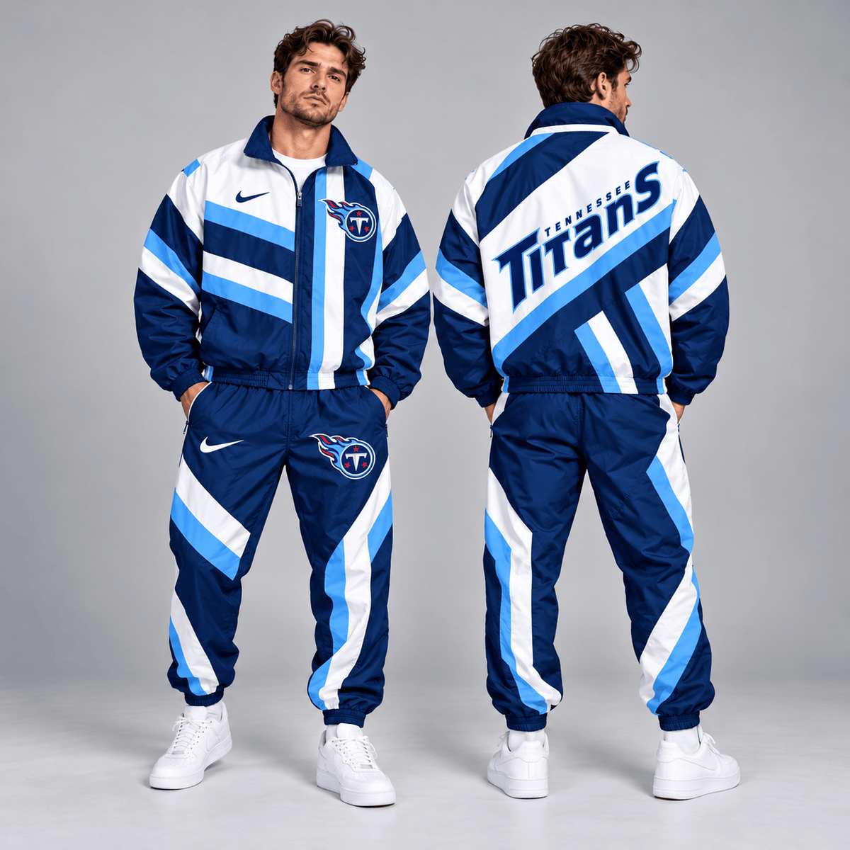 Tennessee Titans | Premium NFL Retro Geometric Stripe Full Zip Windbreaker Jacket & Matching Jogger Pants Set NDN cover