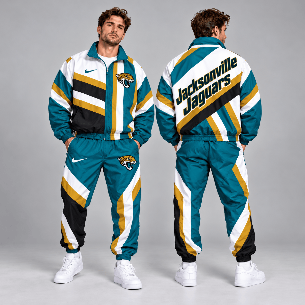 Jacksonville Jaguars | Premium NFL Retro Geometric Stripe Full Zip Windbreaker Jacket & Matching Jogger Pants Set NDN cover