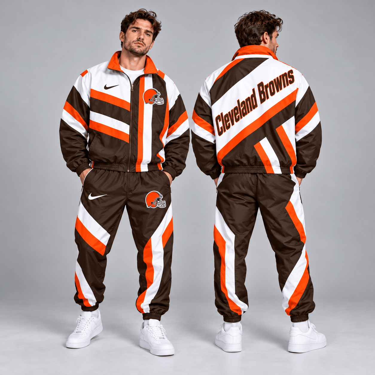 Cleveland Browns | Premium NFL Retro Geometric Stripe Full Zip Windbreaker Jacket & Matching Jogger Pants Set NDN cover