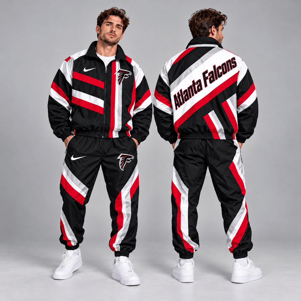 Atlanta Falcons | Premium NFL Retro Geometric Stripe Full Zip Windbreaker Jacket & Matching Jogger Pants Set NDN cover