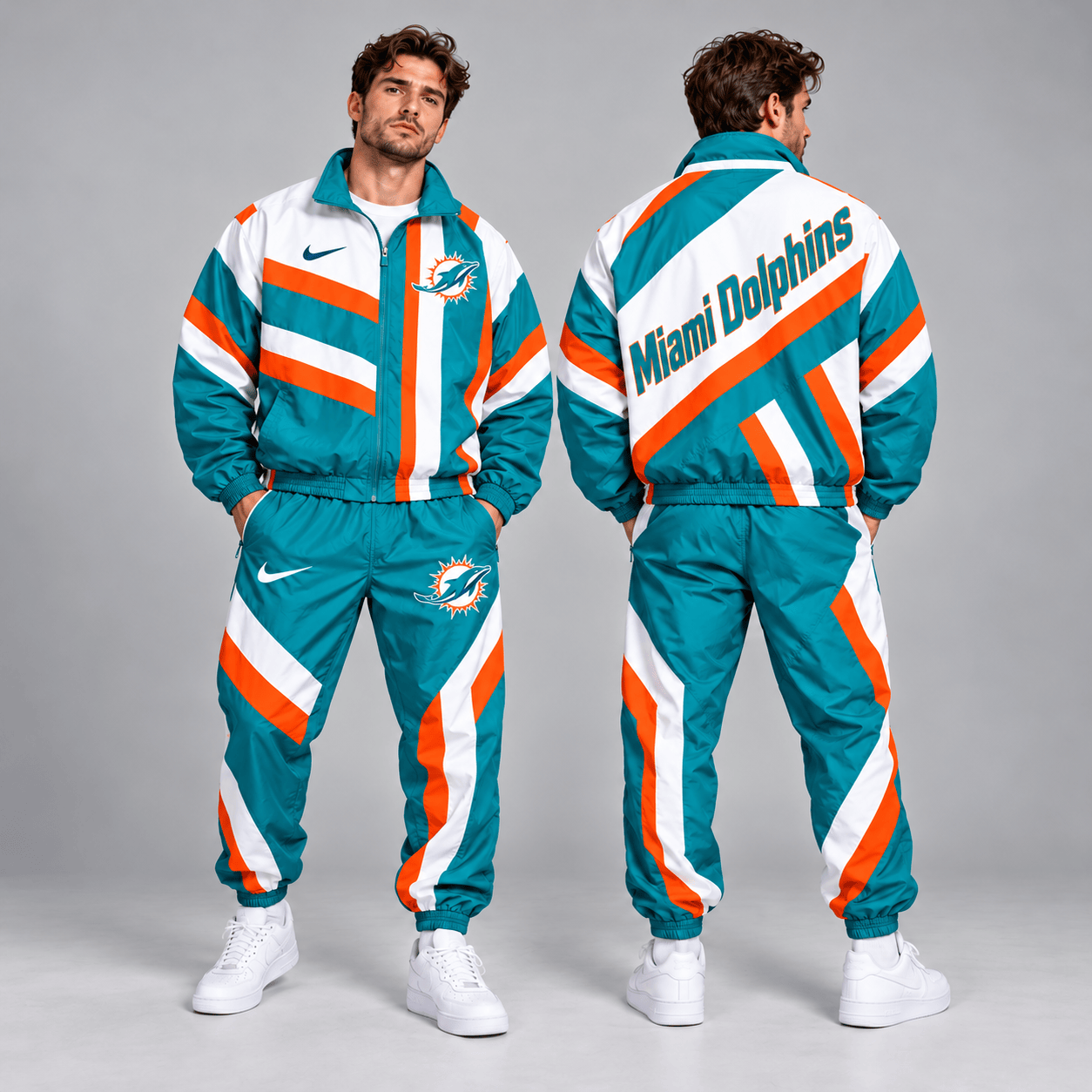 Miami Dolphins | Premium NFL Retro Geometric Stripe Full Zip Windbreaker Jacket & Matching Jogger Pants Set NDN cover