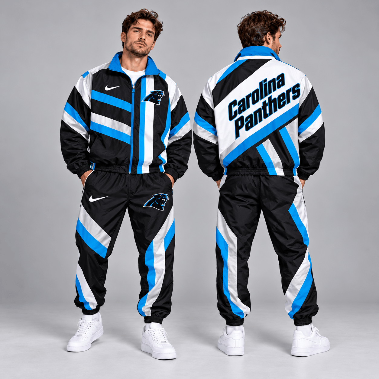 Carolina Panthers | Premium NFL Retro Geometric Stripe Full Zip Windbreaker Jacket & Matching Jogger Pants Set NDN cover
