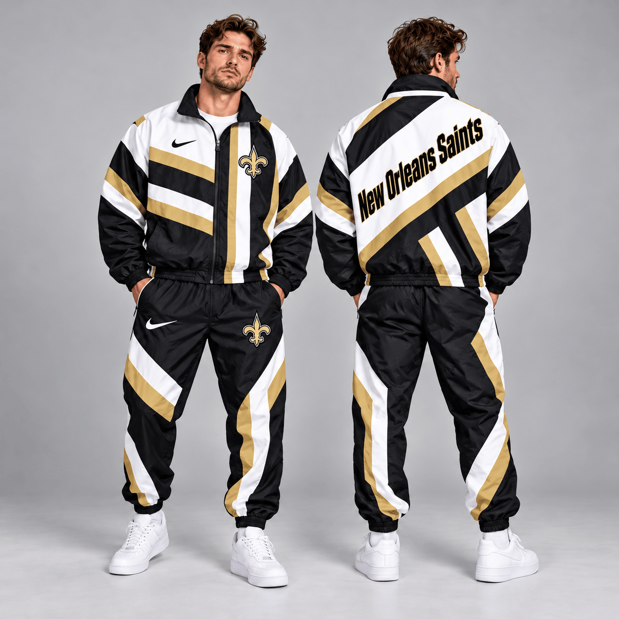 New Orleans Saints | Premium NFL Retro Geometric Stripe Full Zip Windbreaker Jacket & Matching Jogger Pants Set NDN cover