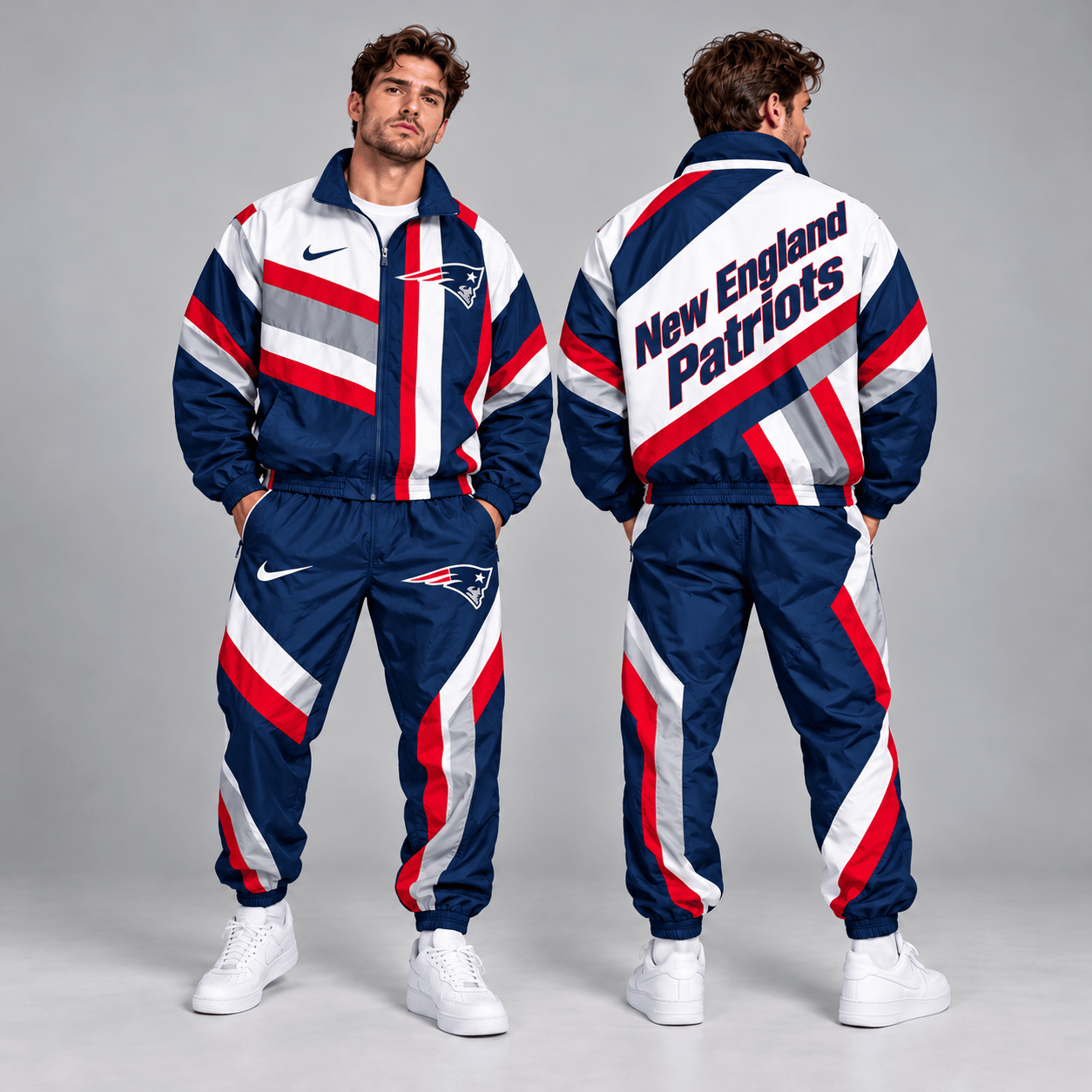 New England Patriots | Premium NFL Retro Geometric Stripe Full Zip Windbreaker Jacket & Matching Jogger Pants Set NDN cover