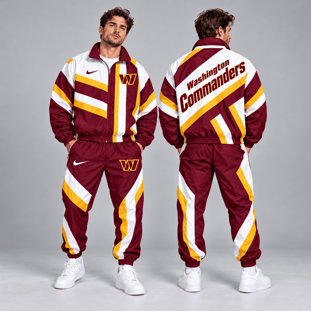 Washington Commanders | Premium NFL Retro Geometric Stripe Full Zip Windbreaker Jacket & Matching Jogger Pants Set NDN cover