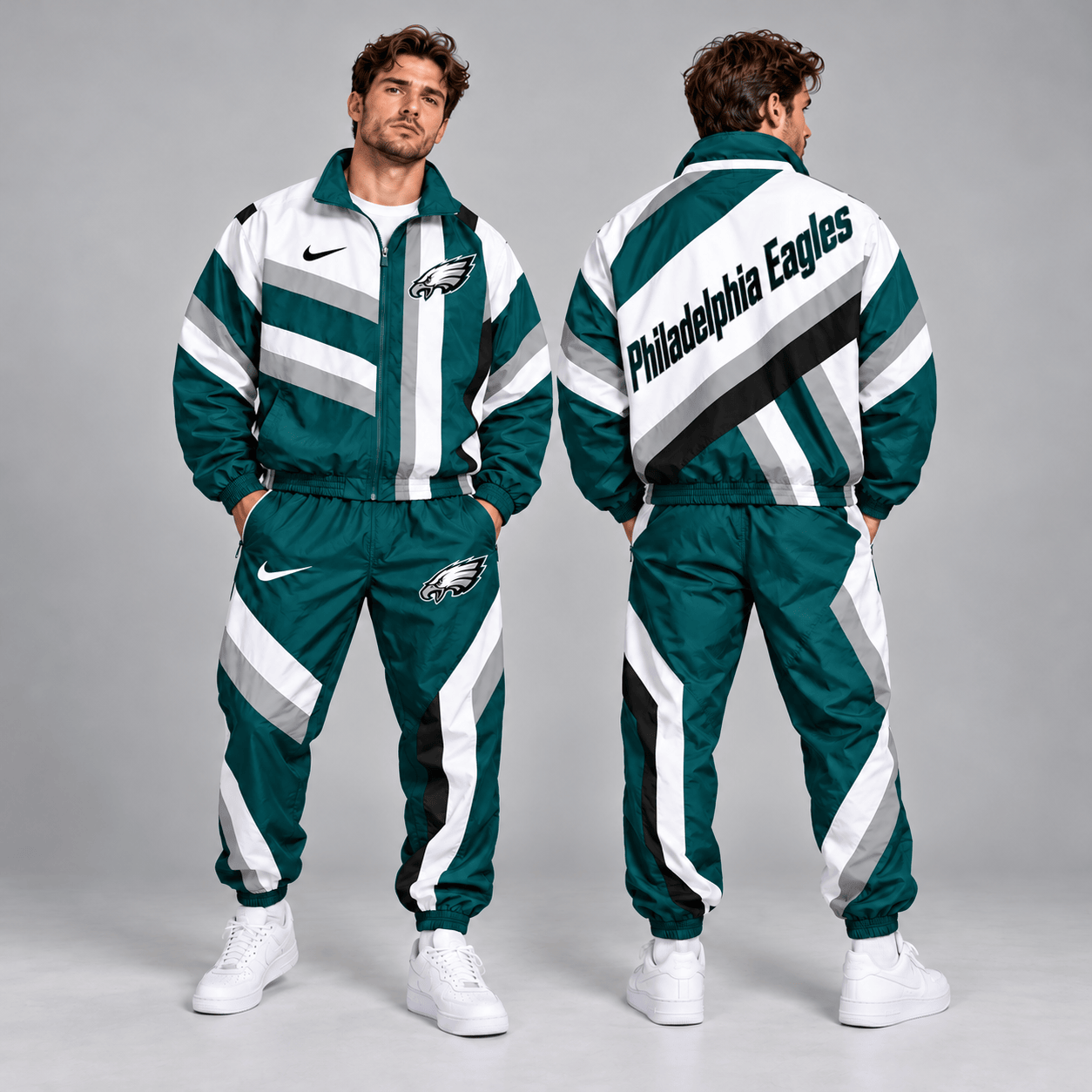 Philadelphia Eagles | Premium NFL Retro Geometric Stripe Full Zip Windbreaker Jacket & Matching Jogger Pants Set NDN cover