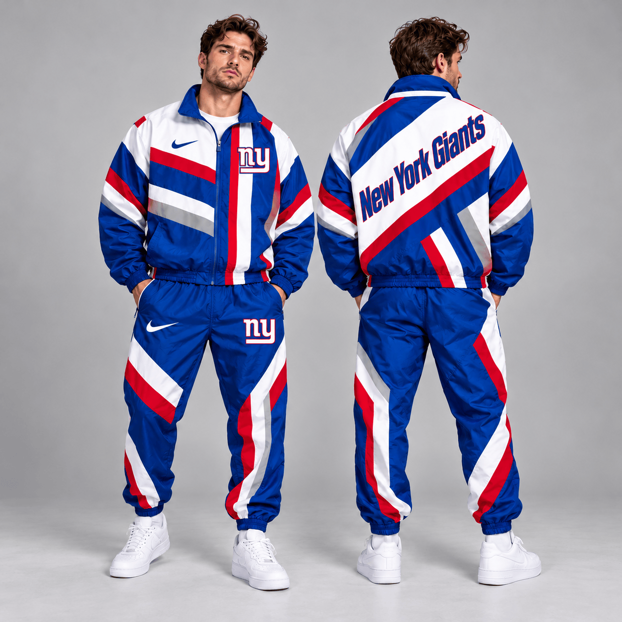 New York Giants | Premium NFL Retro Geometric Stripe Full Zip Windbreaker Jacket & Matching Jogger Pants Set NDN cover