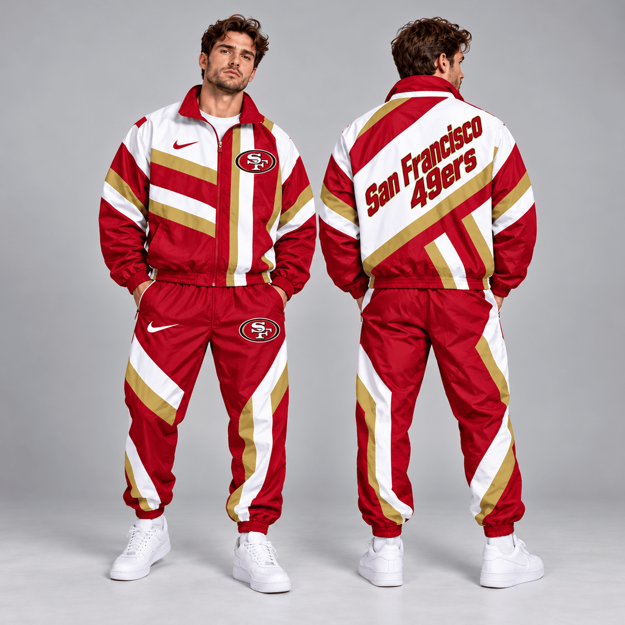 San Francisco 49ers | Premium NFL Retro Geometric Stripe Full Zip Windbreaker Jacket & Matching Jogger Pants Set NDN cover