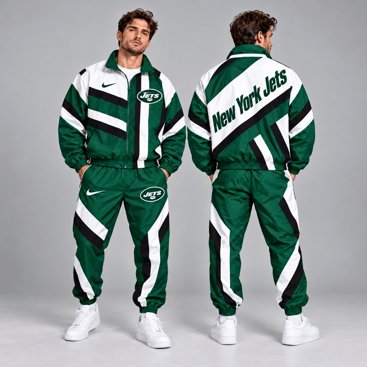 New York Jets | Premium NFL Retro Geometric Stripe Full Zip Windbreaker Jacket & Matching Jogger Pants Set NDN cover